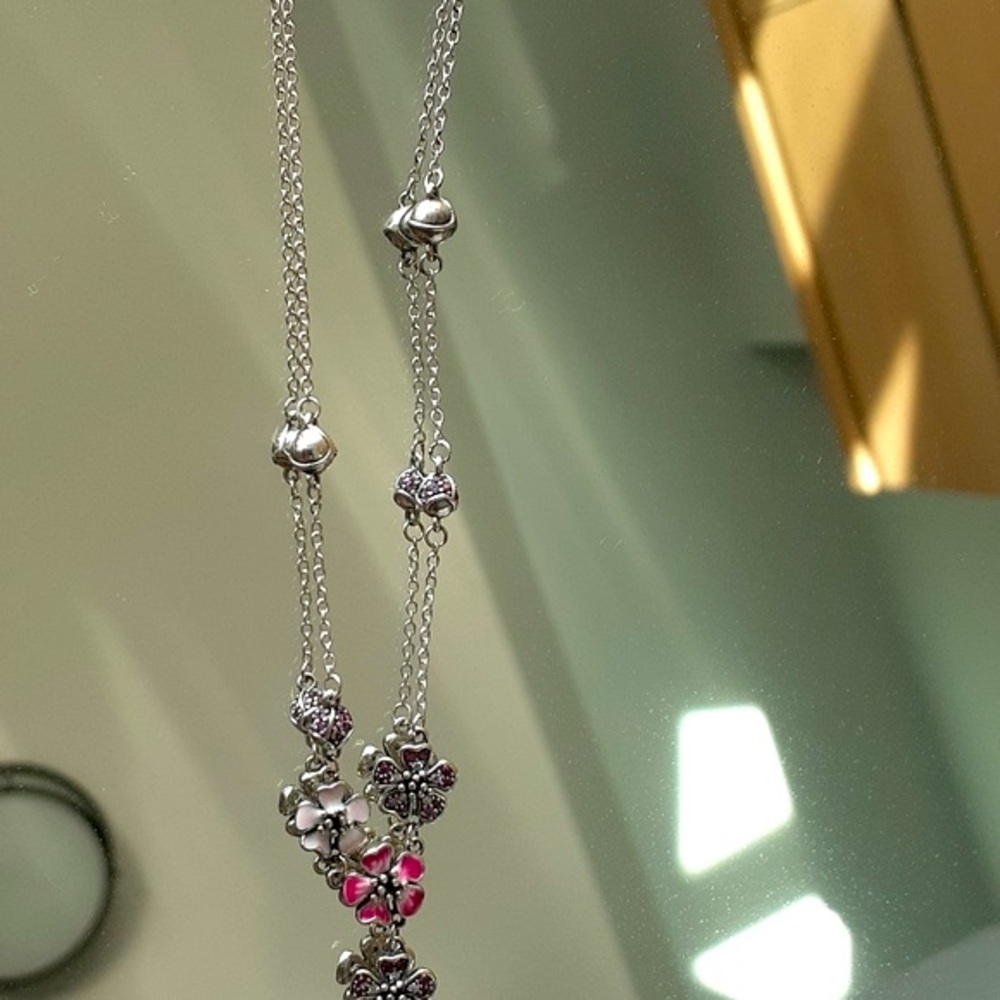 925 Sterling Silver Floral Enamel Lariat Necklace - Picture 5 of 8
